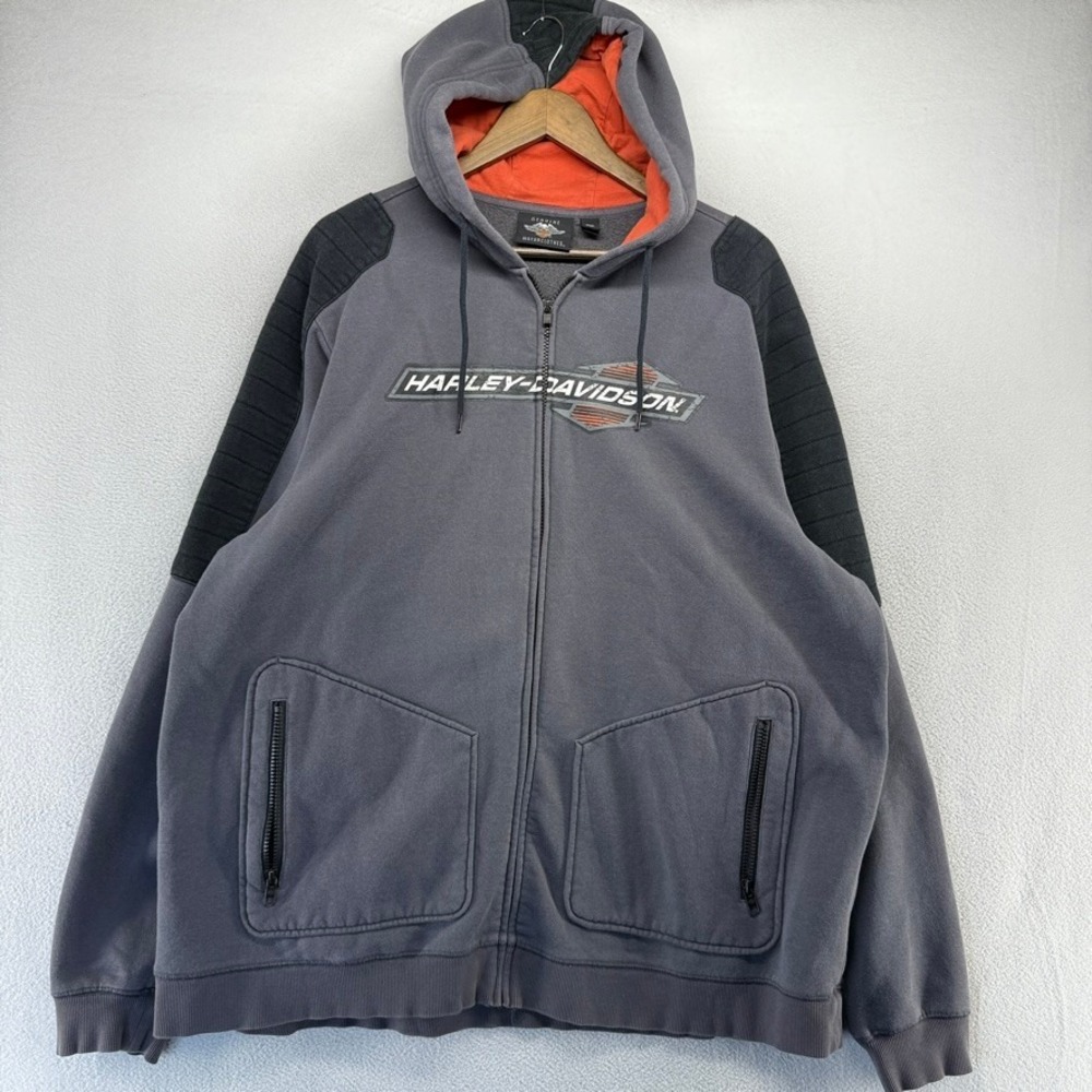 Harley Davidson Hoodie Mens 2XL Gray Biker Spellout Ful Zip Sweatshirt Vintage